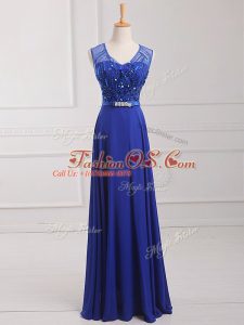 Glamorous Sleeveless Chiffon Floor Length Zipper Homecoming Dress in Royal Blue with Beading and Belt