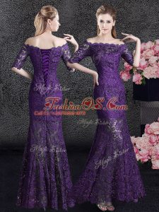 Beautiful Mermaid Off the Shoulder Floor Length Eggplant Purple Mother Of The Bride Dress Lace Half Sleeves Lace