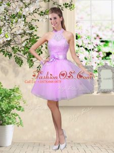Superior Tulle Halter Top Sleeveless Lace Up Lace and Belt Wedding Guest Dresses in Lavender