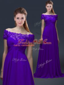 Designer Floor Length Purple Mother Of The Bride Dress Chiffon Short Sleeves Appliques