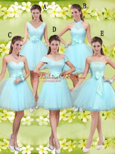 Traditional Aqua Blue A-line Sweetheart Sleeveless Tulle Knee Length Lace Up Lace and Belt Dama Dress for Quinceanera