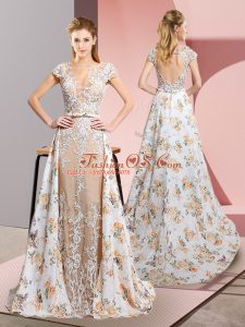 White Prom Party Dress Chiffon Brush Train Short Sleeves Lace and Appliques