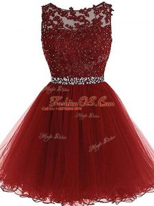Modern Burgundy A-line Tulle Scoop Sleeveless Beading and Lace and Appliques Mini Length Zipper Prom Evening Gown