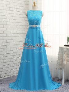 Baby Blue Zipper Vestidos de Damas Beading and Lace Sleeveless Brush Train