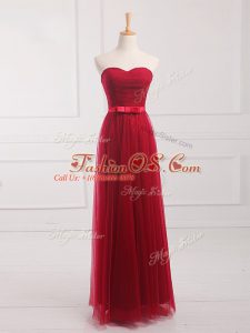 Wonderful Wine Red Tulle and Lace Lace Up Quinceanera Dama Dress Sleeveless Floor Length Belt