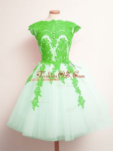 Multi-color A-line Tulle Scalloped Sleeveless Appliques Mini Length Lace Up Bridesmaid Gown