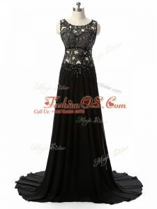Romantic Scoop Sleeveless Brush Train Side Zipper Womens Evening Dresses Black Chiffon