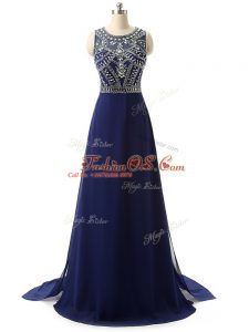 Exquisite Navy Blue Sleeveless Brush Train Beading Evening Dress