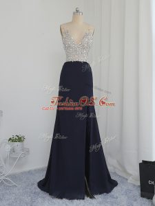 Ideal Floor Length Backless Homecoming Dress Black for Prom and Party and Military Ball with Beading
