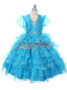 Sleeveless Organza Floor Length Lace Up Little Girls Pageant Dress in Baby Blue with Beading and Ruffled Layers and Bowknot
