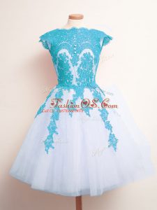 Blue And White Lace Up Scalloped Appliques Vestidos de Damas Tulle Sleeveless