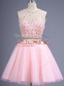 Flare Sleeveless Tulle Knee Length Lace Up Wedding Guest Dresses in Baby Pink with Beading