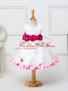 White Tulle Zipper Scoop Sleeveless Knee Length Child Pageant Dress Appliques and Hand Made Flower