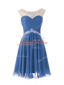 Comfortable Beading Cocktail Dresses Blue Zipper Cap Sleeves Knee Length
