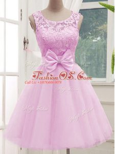 Perfect Knee Length Lilac Bridesmaid Dresses Tulle Sleeveless Lace and Bowknot