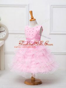 Superior Ball Gowns Kids Pageant Dress Baby Pink Scoop Organza Sleeveless Tea Length Zipper