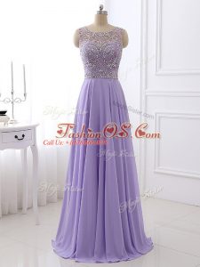 Modest Floor Length Lavender Evening Dresses Chiffon Sleeveless Beading