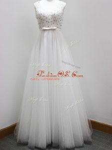 White Dama Dress Prom and Party and Wedding Party with Beading and Belt V-neck Sleeveless Brush Train Zipper