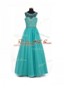 Custom Fit Floor Length Teal Kids Pageant Dress Scoop Sleeveless Lace Up