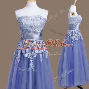 Vintage Appliques Quinceanera Dama Dress Lavender Lace Up Sleeveless Tea Length