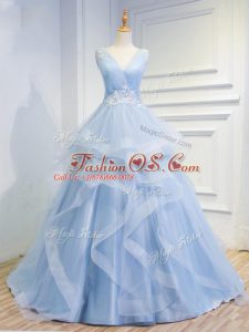 Sleeveless Tulle Floor Length Brush Train Lace Up Prom Dress in Light Blue with Beading and Ruffles