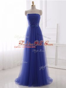 Tulle Strapless Sleeveless Zipper Beading and Belt Homecoming Dresses in Blue
