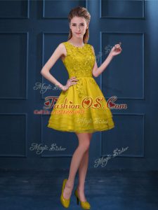 Gold Sleeveless Lace and Ruffled Layers Knee Length Bridesmaid Gown