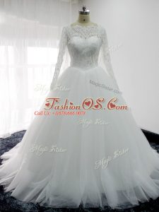 Dramatic Ball Gowns Long Sleeves White Wedding Gown Brush Train Backless