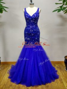 Decent Straps Sleeveless Prom Dresses Brush Train Beading Royal Blue Tulle