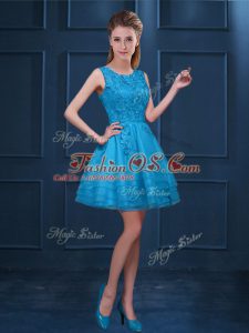 Beauteous Knee Length Baby Blue Bridesmaid Dress Tulle Sleeveless Lace and Ruffled Layers
