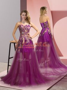 Fashionable Appliques Dress Like A Star Purple Zipper Sleeveless Brush Train