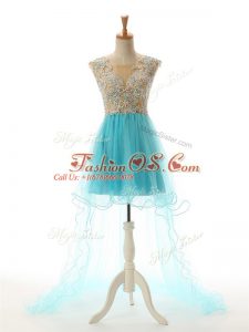 Tulle Scoop Sleeveless Backless Beading and Lace and Appliques Dress for Prom in Aqua Blue