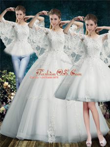 Custom Made Lace Wedding Dress White Lace Up Half Sleeves Floor Length