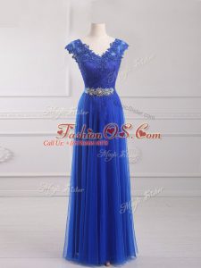 Attractive Royal Blue Empire Tulle V-neck Short Sleeves Beading and Lace and Appliques and Belt Floor Length Lace Up Juniors Party Dress