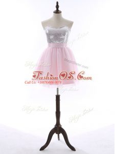 Spectacular Baby Pink Tulle and Sequined Zipper Sweetheart Sleeveless Mini Length Prom Party Dress Sequins and Bowknot