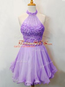 Dramatic Halter Top Sleeveless Organza Dama Dress for Quinceanera Beading Lace Up