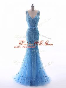 Baby Blue Mermaid Beading and Belt and Hand Made Flower Evening Outfits Zipper Tulle Sleeveless Floor Length