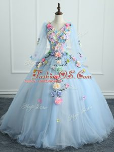V-neck Long Sleeves Lace Up Sweet 16 Dresses Light Blue Tulle