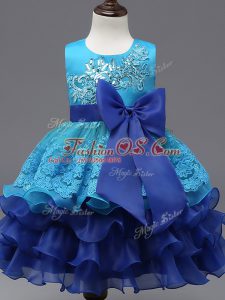 Fantastic Royal Blue Ball Gowns Lace and Ruffled Layers and Bowknot Kids Formal Wear Zipper Organza Sleeveless Tea Length