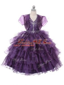 Excellent Organza Halter Top Sleeveless Lace Up Ruffled Layers Pageant Gowns For Girls in Purple