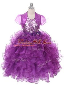 Floor Length Lace Up Little Girls Pageant Gowns Purple for Wedding Party with Ruffles and Sequins and Bowknot