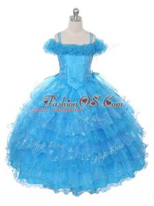 On Sale Baby Blue Off The Shoulder Lace Up Ruffles and Ruffled Layers Kids Formal Wear Sleeveless