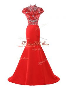 Superior Halter Top Short Sleeves Satin Evening Gowns Beading Sweep Train Zipper