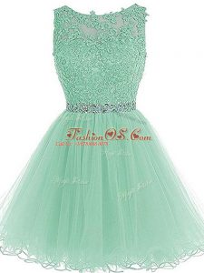 Apple Green A-line Beading and Lace and Appliques and Ruffles Prom Evening Gown Zipper Tulle Sleeveless Mini Length