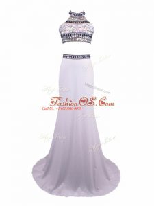 Halter Top Sleeveless Prom Party Dress Brush Train Beading White Chiffon