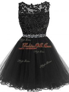 Nice Scoop Sleeveless Tulle Prom Gown Beading and Lace and Appliques Zipper