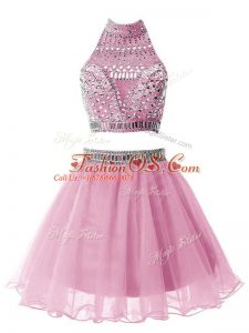 Inexpensive High-neck Sleeveless Quinceanera Court of Honor Dress Knee Length Beading Lilac Organza