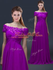 Traditional Purple Lace Up Mother Of The Bride Dress Appliques Short Sleeves Floor Length