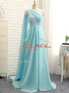 Aqua Blue Chiffon Zipper One Shoulder Sleeveless Quinceanera Dama Dress Brush Train Beading and Ruching