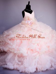 Baby Pink Criss Cross Pageant Gowns For Girls Ruffles and Hand Made Flower Sleeveless Brush Train